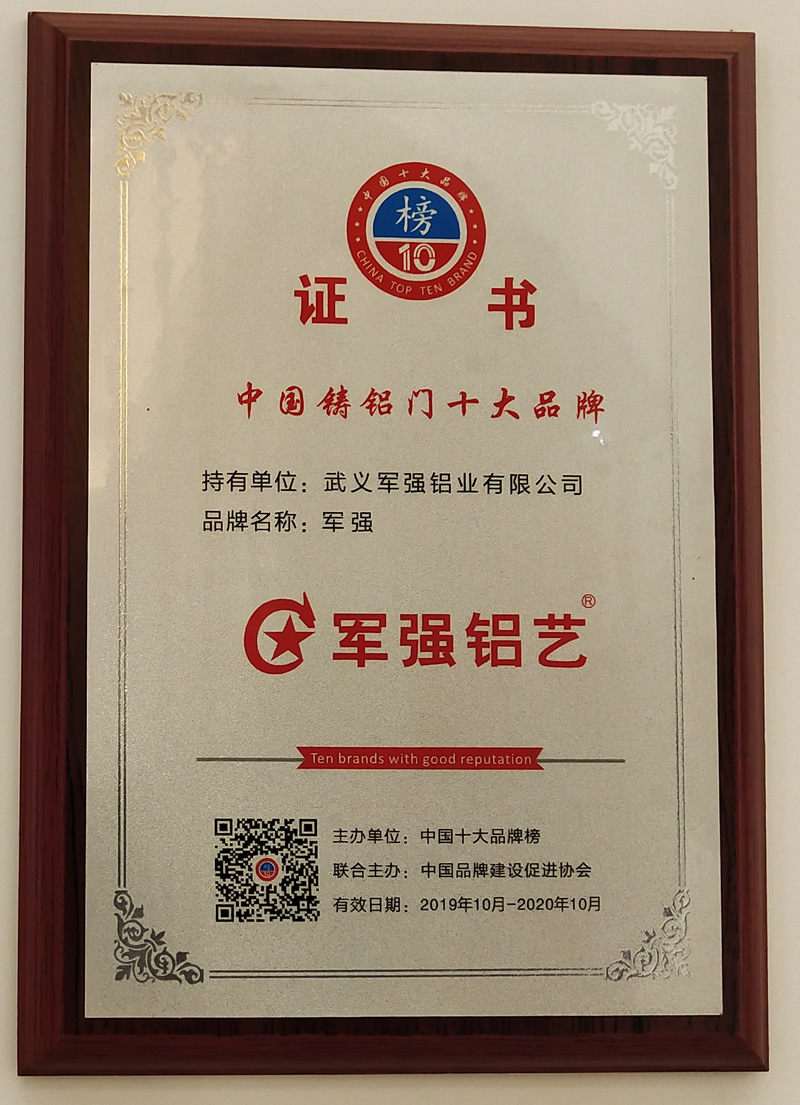 2020年鑄鋁門十大品牌,熱烈祝賀軍強門業榮獲鑄鋁門十大品牌稱号